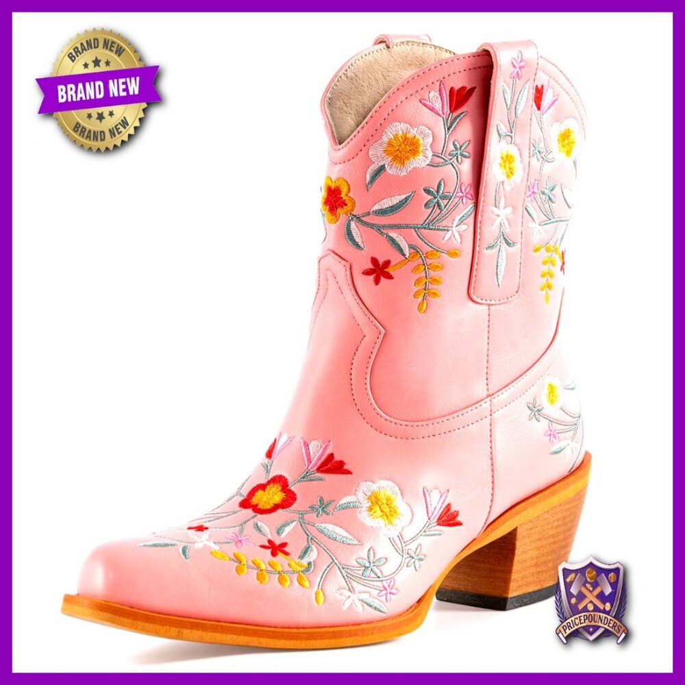 Women's Floral Embroidered Ankle Cowboy Boots Square Toe Chunky Heel